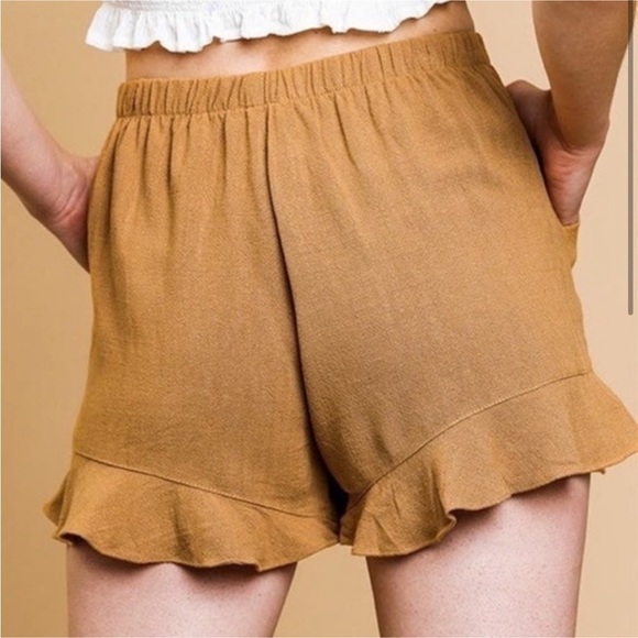 Umgee Tan Linen Ruffle Mini Pull On Elastic Waist Shorts - Picture 3 of 8